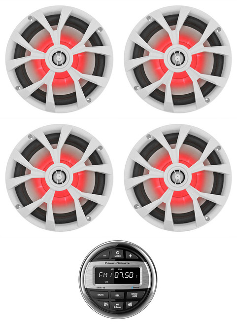  Power Acoustik MMR-4B Marine Receiver Bluetooth/USB/EQ+(4) 8" White LED Speakers 