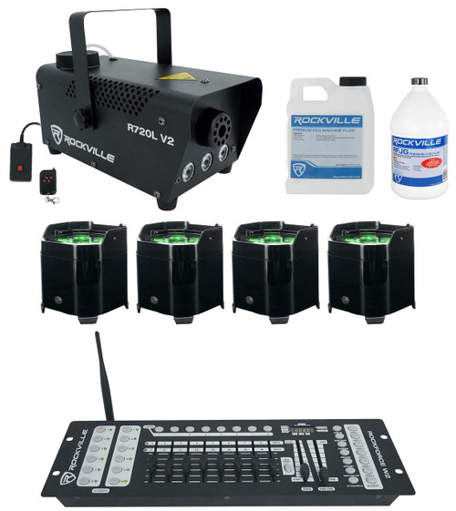 AMERICAN DJ (4) ADJ ELEMENT HEXIP Outdoor Wireless Battery Par Lights+DMX Controller+Fogger 