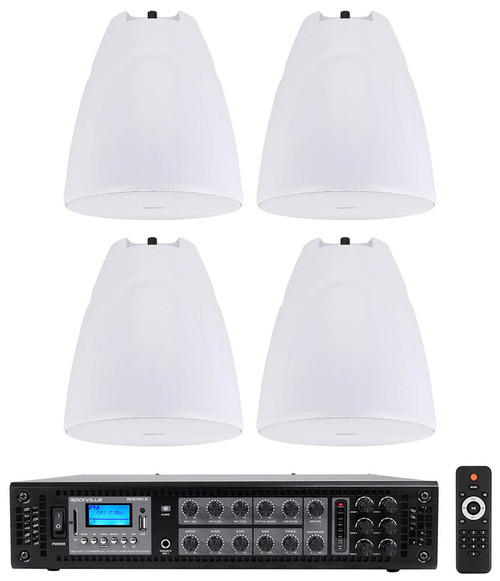 (4) Rockville PEN-80T White 8" 70V 40W Hanging Pendant Speakers+Commercial Amp