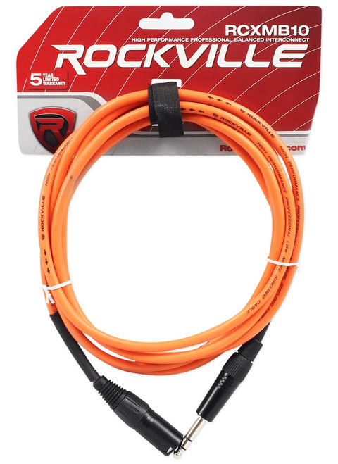 Rockville RCXMB10O 10' Male REAN XLR to 1/4'' TRS Cable Orange 100% Copper