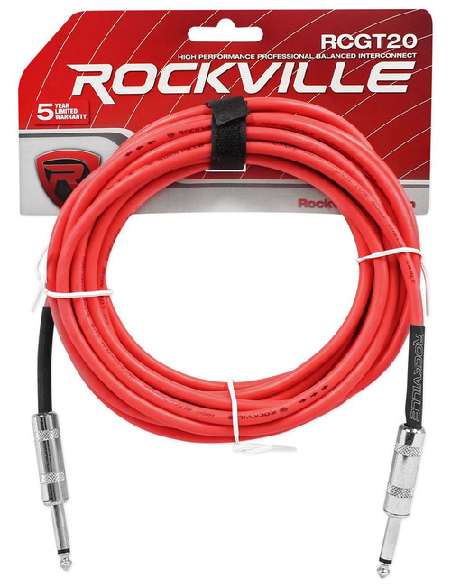 Rockville RCGT20R 20' 1/4'' TS to 1/4'' TS Instrument Cable-Red 100% Copper
