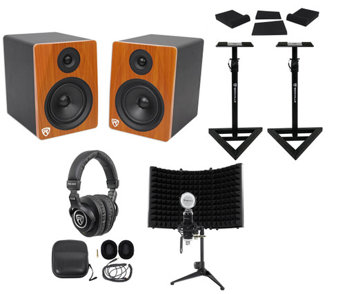 (2) Rockville APM6C 6.5" 350w Studio Monitors+Stands+Headphones+Mic+Iso Shield