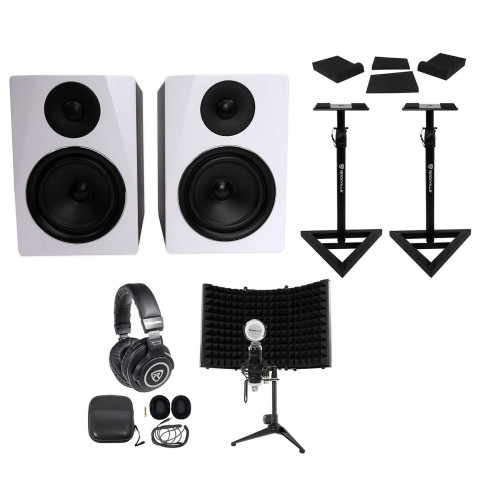 (2) Rockville APM6W 6.5" 350w Studio Monitors+Stands+Pads+Headphones+Mic+Foam