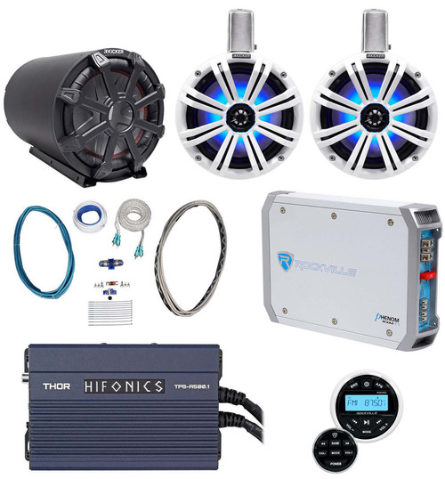 (2) KICKER 45KMTC8W 8" Marine Wakeboard LED Speakers+Sub+Tube+(2) Amps+Receiver