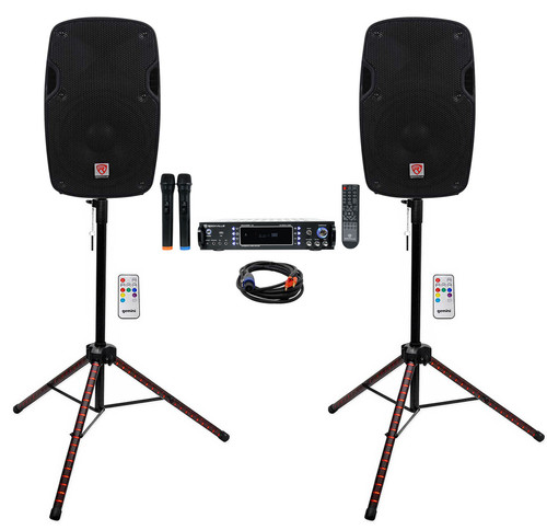 Rockville Bluetooth Karaoke Amp/Mixer+2)Wireless Mics+2) 8" Speakers+LED Stands