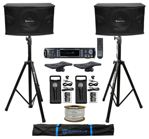 Pair Rockville KPS10 1200w Karaoke Speakers+Bluetooth Amp+Tripod Stands+(2) Mics + Rockville R14GSBR100 Red/Blk 14 Gauge 100' Ft. Mini Spool Car Audio Speaker Wire
