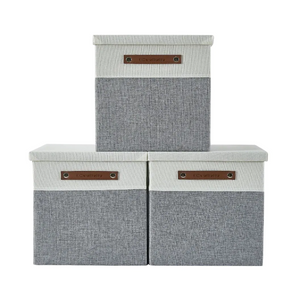 DECOMOMO Stackable Foldable Storage Bin with Lids - 3-Pack (14" X 16" X 4"), Grey and White - Set of 3-A2ZHOME DECOMOMO Stackable Foldable Storage Bin with Lids - 3-Pack (14" X 16" X 4"), Grey and White - Set of 3-A2ZHOME