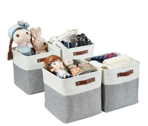 DECOMOMO Cube 12" Foldable Storage Bin with Handles - Grey And White (13" X 13" X 4") - Set of 4-A2ZHOME