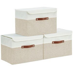 DECOMOMO Collapsible Sturdy Storage Bin with Lid - Beige and White (Set of 3) - 12"x16"x6"-A2ZHOME