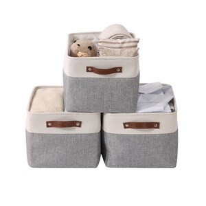 DECOMOMO 3 Pack Extra Large Foldable Fabric Storage Bin with Handles - Grey and White (Set of 3) - 14"x16"x4"-A2ZHOME
