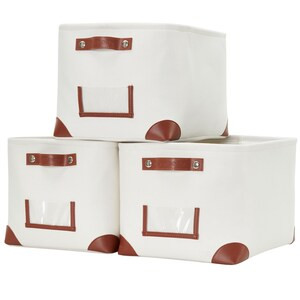 DECOMOMO Large Foldable Fabric Storage Bin with Handles and Label Holder - Creamy White (12"x16"x4") - Set of 3-A2ZHOME DECOMOMO Large Foldable Fabric Storage Bin with Handles and Label Holder - Creamy White (12"x16"x4") - Set of 3-A2ZHOME