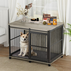 A2ZHOME Furniture dog crate sliding iron door dog crate with mat. (Grey,43.7''W x 30''D x 33.7''H)