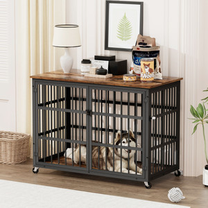 A2ZHOME Furniture style dog crate wrought iron frame door with side openings, Rustic Brown, 43.3''W x 29.9''D x 33.5''H.