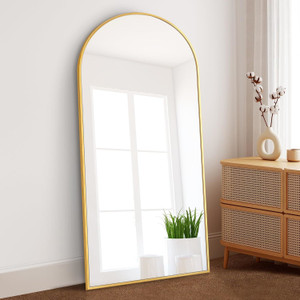 A2ZHOME Dolonm Arched Full Length Mirror with Stand, 71"x32", Gold