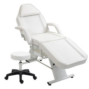 A2ZHOME Massage Salon Tattoo Chair with Two Trays - Multi-Purpose 3-Section Facial Bed with Hydraulic Stool - Adjustable Beauty Barber Spa Equipment in White