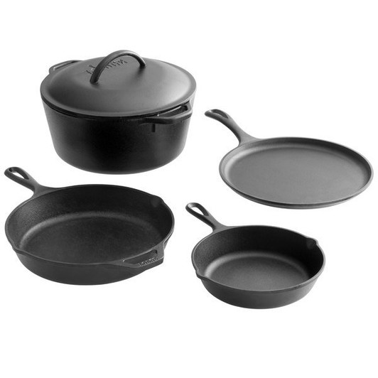 Lodge Pre-Seasoned Round Cast Iron Set with 8" Individual Skillet, 5 Qt. Dutch Oven with Looped Handles, 10 1/4" Skillet, and 10 1/2" Griddle