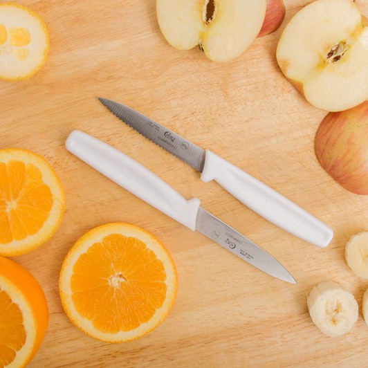 Choice 3 1/4" White Paring Knife Set with 1 Serrated and 2 Smooth Edge Knives - 3/Pack