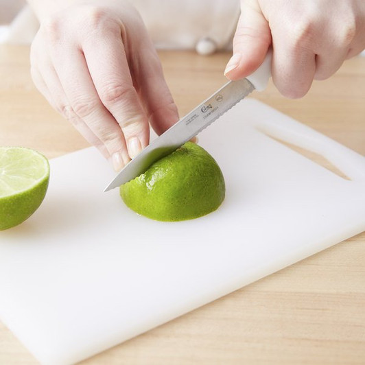 Choice 10" x 6" x 3/8" White Bar Size Cutting Board and Knife Set