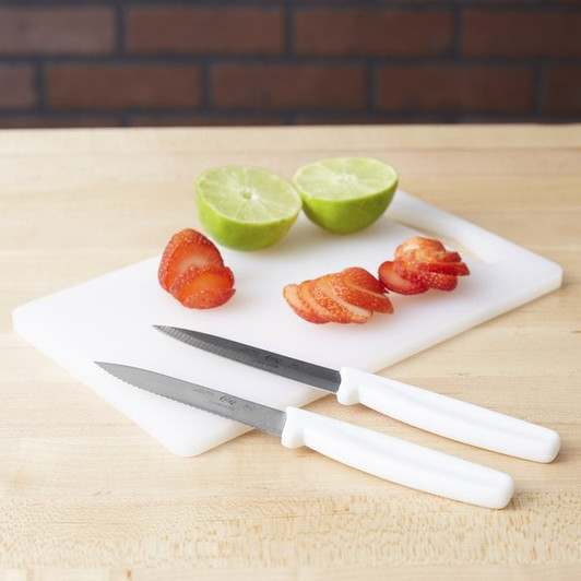 Choice 10" x 6" x 3/8" White Bar Size Cutting Board and Knife Set