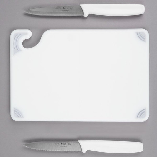 Choice Saf-T-Grip® 9" x 6" x 3/8" White Bar Size Cutting Board and Knife Set