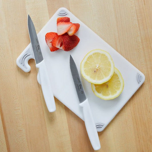 Choice Saf-T-Grip® 9" x 6" x 3/8" White Bar Size Cutting Board and Knife Set