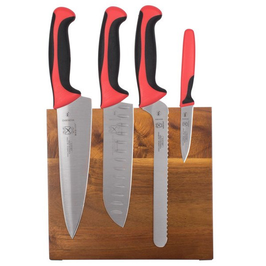 Mercer Culinary M21982RD Millennia 5-Piece Acacia Magnetic Board and Red Handle Knife Set
