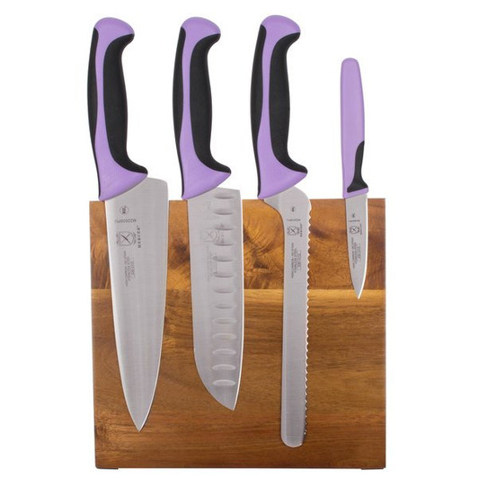 Mercer Culinary M21982PU Millennia 5-Piece Acacia Magnetic Board and Allergen Safe Purple Handle Knife Set