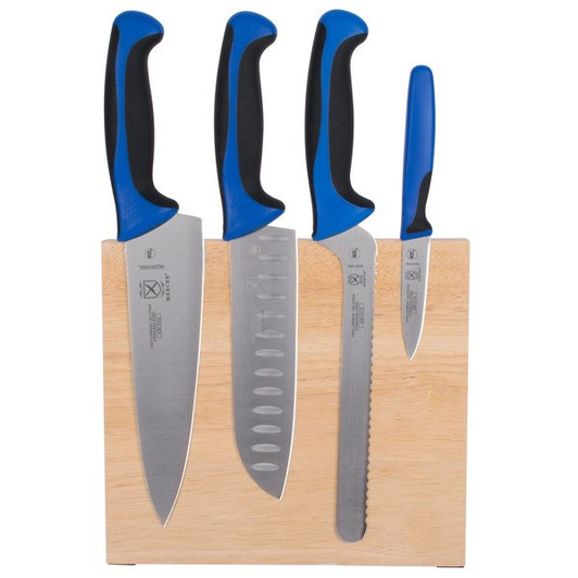 Mercer Culinary M21980BL Millennia 5-Piece Rubberwood Magnetic Board and Blue Handle Knife Set