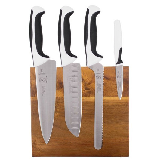 Mercer Culinary M21982WBH Millennia 5-Piece Acacia Magnetic Board and White Handle Knife Set