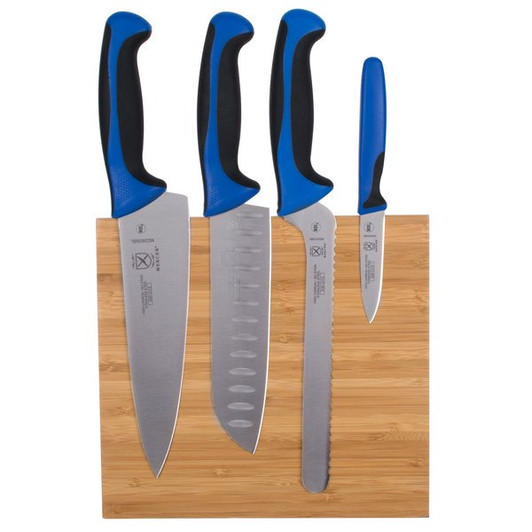 Mercer Culinary M21981BL Millennia 5-Piece Bamboo Magnetic Board and Blue Handle Knife Set