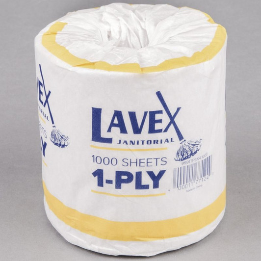 Lavex Janitorial Individually-Wrapped 1-Ply Standard 1000 Sheet Toilet Paper Roll – 96/Case