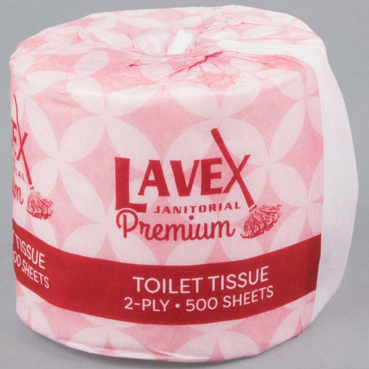 Lavex Janitorial 4 1/2″ x 4″ Premium Individually-Wrapped 2-Ply Standard 500 Sheet Toilet Paper Roll – 96/Case