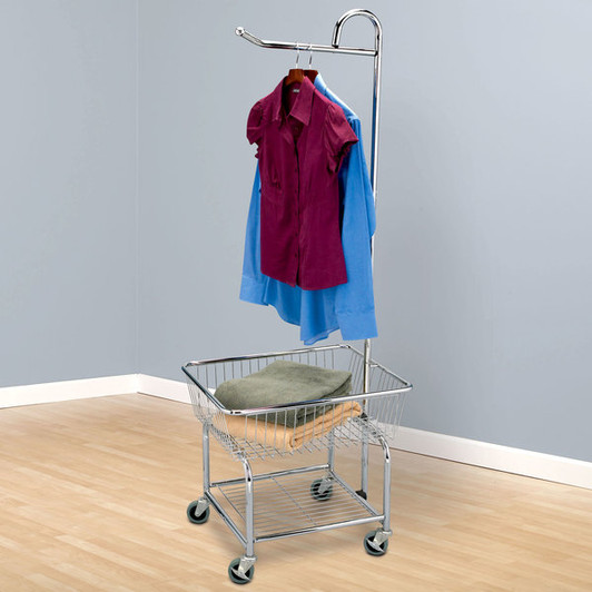 Chrome Wire Laundry Cart with Valet Hanger and Basket