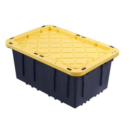 A2ZHOME 45L Stackable Strong Storage Tote Bin 16.06" X 21.68" X 12.6"- Black Base & Yellow Lid (6/CASE)-A2ZHOME