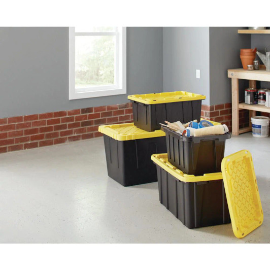 A2ZHOME 45L Stackable Strong Storage Tote Bin 16.06" X 21.68" X 12.6"- Black Base & Yellow Lid (6/CASE)-A2ZHOME