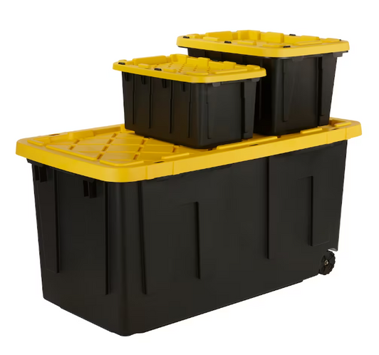 A2ZHOME 26.49L Stackable Storage Tote in Black with Yellow Snap-on Lid 12.7" X 19.1" X 9.8" (6/CASE)-A2ZHOME