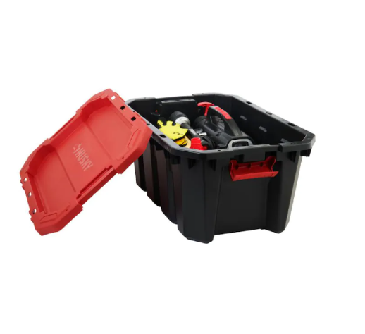 Husky 94.6L Stackable Strong Storage Tote Bin, Plastic Organizer Box - Black Base & Lockable Red Lid, 21" X 31.5" X 14.75" (6/CASE)-A2ZHOME