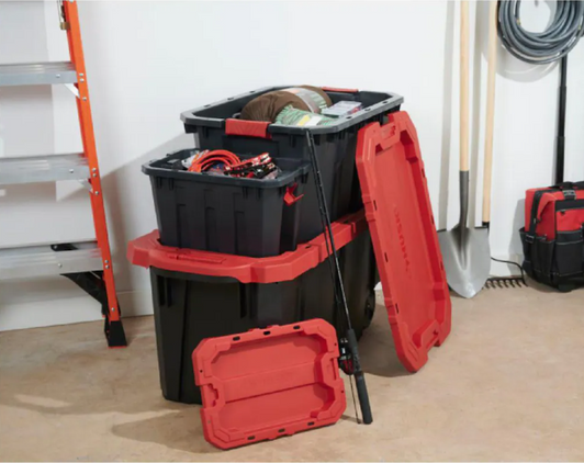 Husky 94.6L Stackable Strong Storage Tote Bin, Plastic Organizer Box - Black Base & Lockable Red Lid, 21" X 31.5" X 14.75" (6/CASE)-A2ZHOME