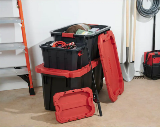 Husky 56.7L Stackable Strong Storage Tote Bin, Plastic Organizer Box - Black Base & Lockable Red Lid, 17.6" X 26.75" X 11.85" (6/CASE)-A2ZHOME