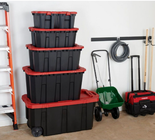 Husky 56.7L Stackable Strong Storage Tote Bin, Plastic Organizer Box - Black Base & Lockable Red Lid, 17.6" X 26.75" X 11.85" (6/CASE)-A2ZHOME