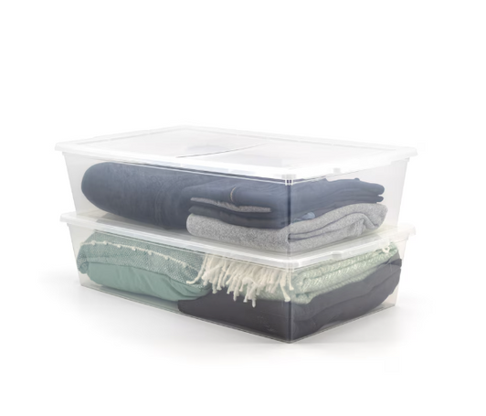 Tuff Store 35L Stackable Clear Plastic Under Bed Storage Box - 16.7" X 28.9" X 6.6" (6/CASE)-A2ZHOME