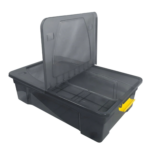 A2ZHOME 28 L Storage Box with Cover - Translucent Grey Bin with Yellow Handles 15.7" X 23.6" X 6.7" (6/CASE)-A2ZHOME