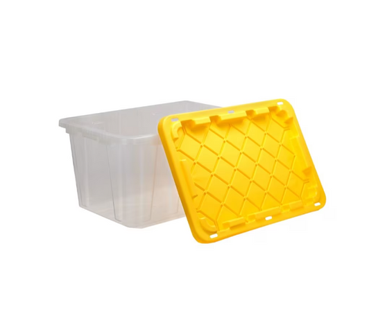 A2ZHOME 64L Stackable Strong Storage Tote Bin, Plastic Organizer Box, Clear Base & Yellow Snap-on Lid 18" X 26.88" X 12.5" (6/CASE) -A2ZHOME