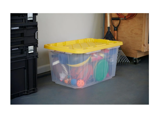 A2ZHOME 64L Stackable Strong Storage Tote Bin, Plastic Organizer Box, Clear Base & Yellow Snap-on Lid 18" X 26.88" X 12.5" (6/CASE) -A2ZHOME