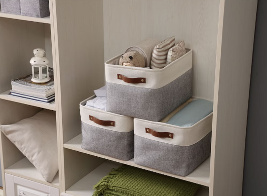 DECOMOMO Large Foldable Storage Bin with Handles - 4-Pack (12" X 16" X 4"), Grey and White - Set of 4-A2ZHOME