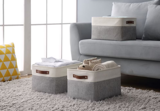 DECOMOMO Large Foldable Storage Bin with Handles - 4-Pack (12" X 16" X 4"), Grey and White - Set of 4-A2ZHOME
