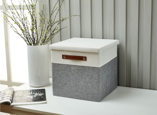 DECOMOMO Stackable Foldable Storage Bin with Lids - 3-Pack (14" X 16" X 4"), Grey and White - Set of 3-A2ZHOME
