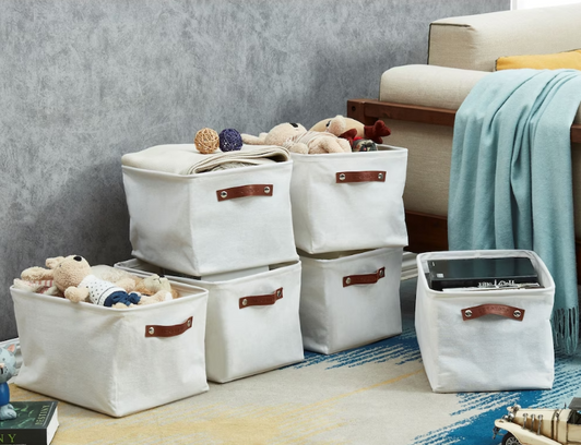 DECOMOMO Large 6-Pack Water Resistant Storage Bin with Handles - Creamy, 12" X 16" X 4", Set of 6-A2ZHOME