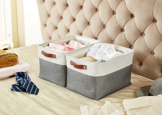 DECOMOMO Large Foldable Storage Bin Set - Slate Grey and White, 12" X 16" X 4", Set of 3-A2ZHOME