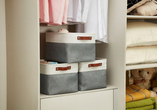 DECOMOMO Large Foldable Storage Bin Set - Slate Grey and White, 12" X 16" X 4", Set of 3-A2ZHOME
